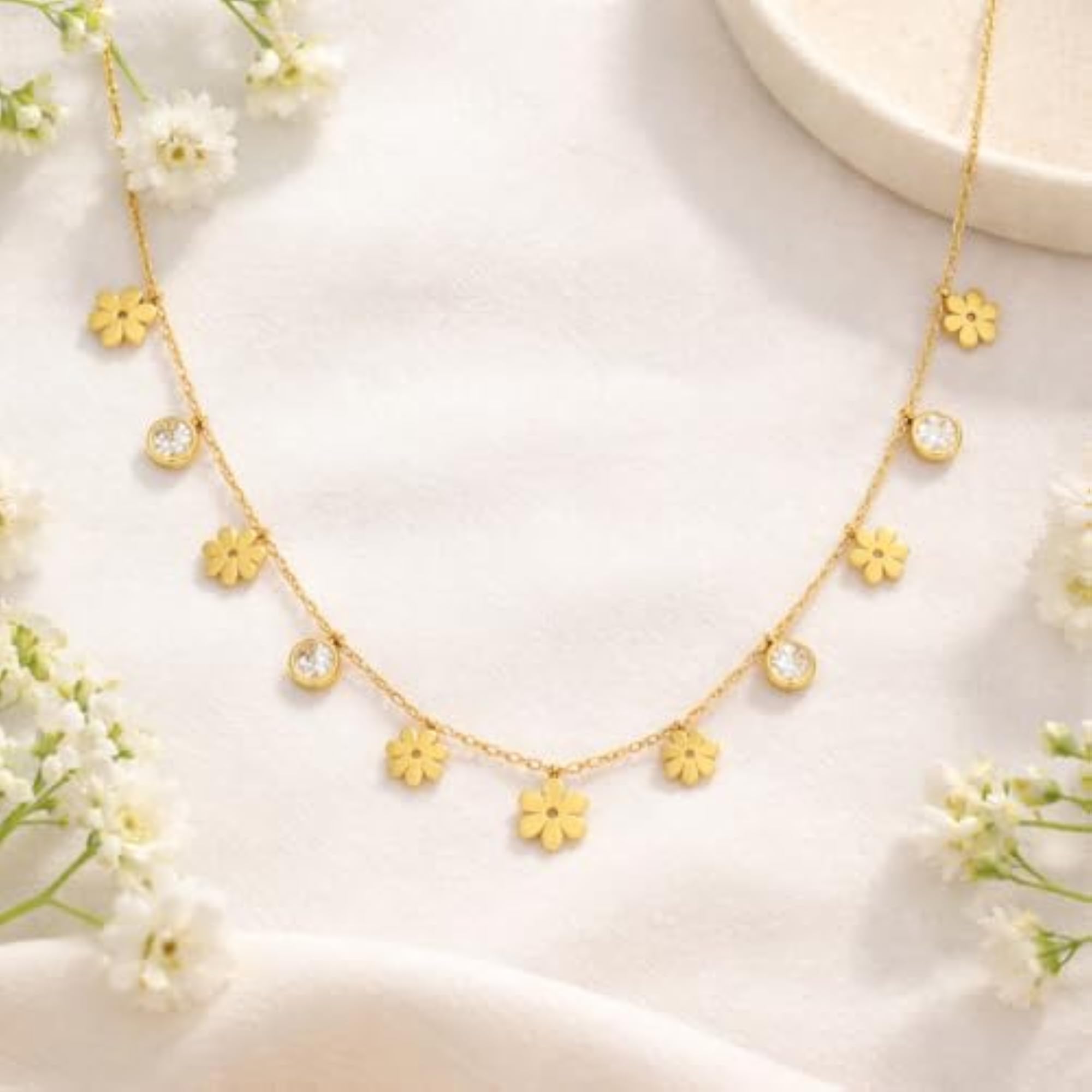 Women's Gold Flower Charm Pendant Necklace with AD Diamonds